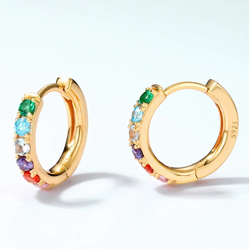 925 Sterling Silver Gold Cartilage rainbow Pave CZ Zircon Dainty Hoop Huggie Earrings
