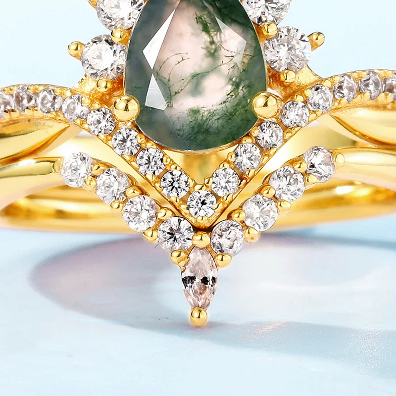 JewelyKing S925 Sterling Silver Luxury Gemstone Vintage Moss Agate Engagement Rings JKRS0150