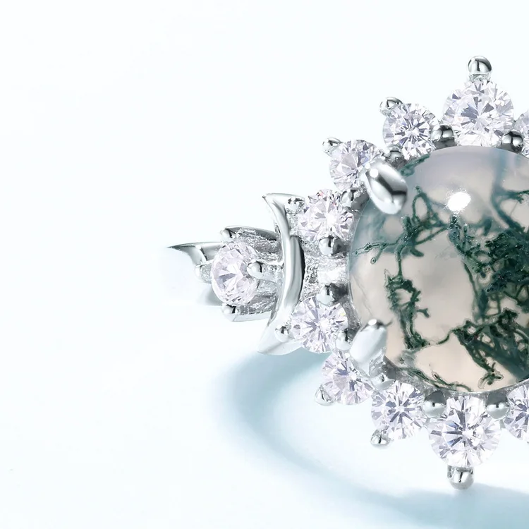 JewelyKing S925 Sterling Silver Round Natural Moss Agate Snowflake Cluster Adjustable Wedding Ring JKRS0213