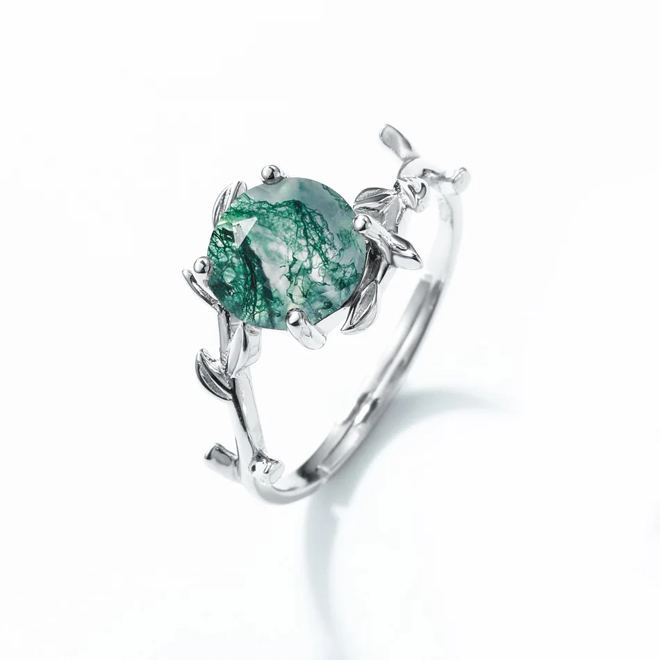JewelyKing S925 Sterling Silver Green Moss Agate Hexagon Cut Natural Gemstone Vine Leaf CZ Accent Adjustable Solitaire Ring JKRS0159