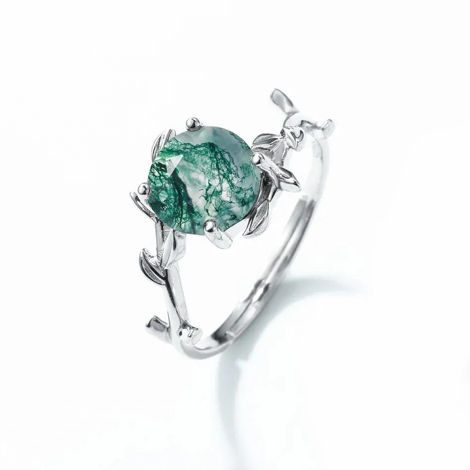 JewelyKing S925 Sterling Silver Green Moss Agate Hexagon Cut Natural Gemstone Vine Leaf CZ Accent Adjustable Solitaire Ring JKRS0159