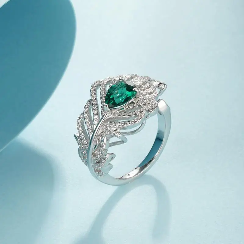 Panyu Custom Feather Style Lab Created Emerald Ring  Elegant 925 Sterling Silver Statement Jewelry