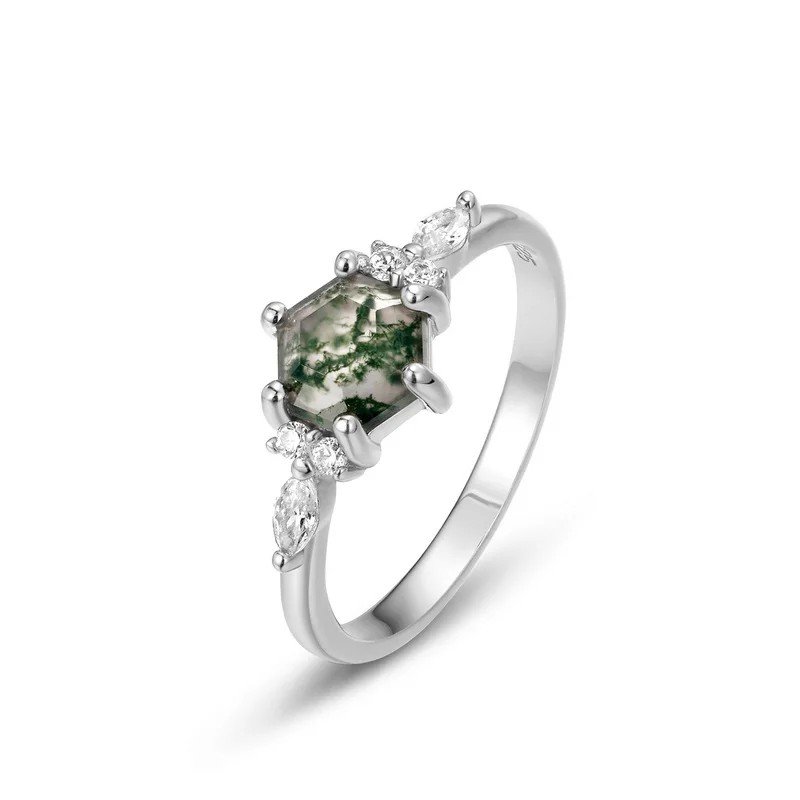 JewelyKing S925 Sterling Silver Moss Agate Rose Gold Plating Vintage Wedding Engagement Ring JKRS0237