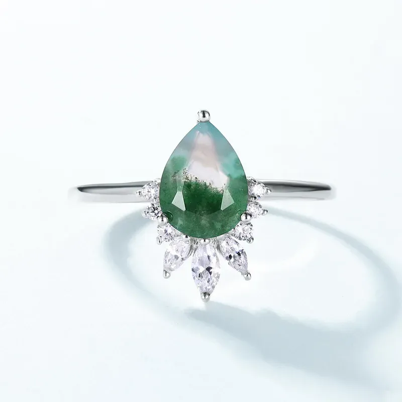JewelyKing S925 Sterling Silver Green Natural Moss Agate Leaf Moss Agate Engagement Wedding Ring JKRS0169