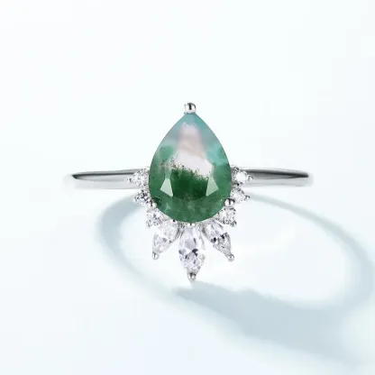 JewelyKing S925 Sterling Silver Green Natural Moss Agate Leaf Moss Agate Engagement Wedding Ring JKRS0169