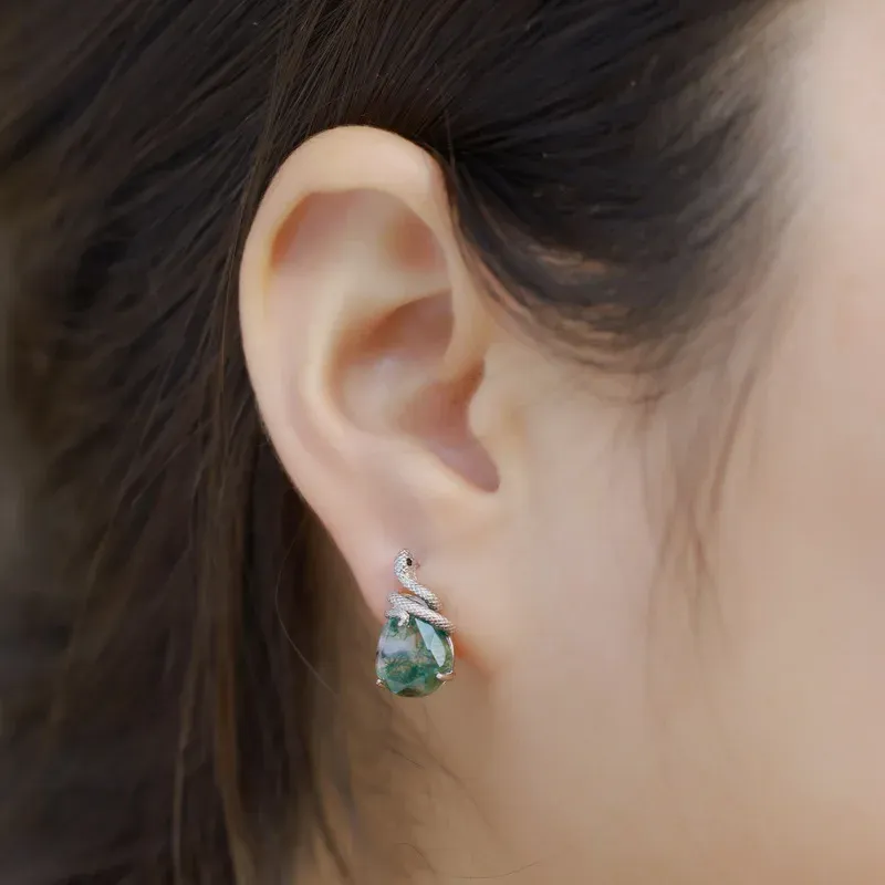 Jewelyking S925 Sterling Silver Plated Snake Moss Agate Elegant Anniversary Engagement Stud Earrings JKES0098
