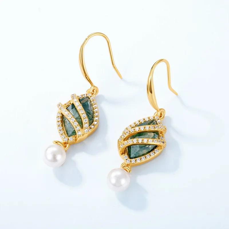 Jewelyking S925 Silver Premium Natural Green Moss Agate CZ Wrapped Pearl Drop Dangle Jewelry JKES0084