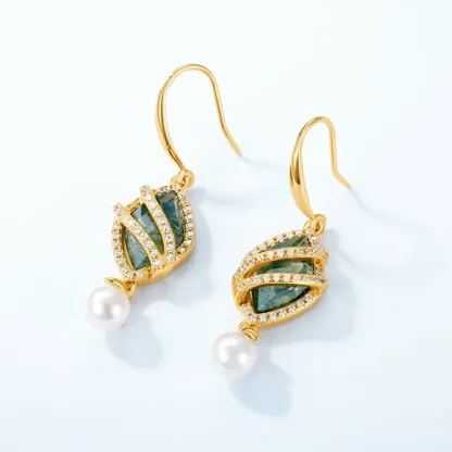 Jewelyking S925 Silver Premium Natural Green Moss Agate CZ Wrapped Pearl Drop Dangle Jewelry JKES0084