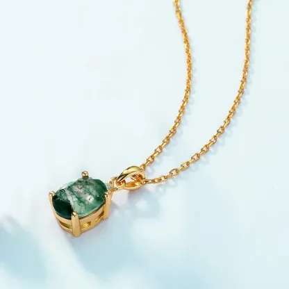 Jewelyking S925 Sterling Silver Oval Moss Agate Natural Gemstone Pendant Necklace JKNS0107