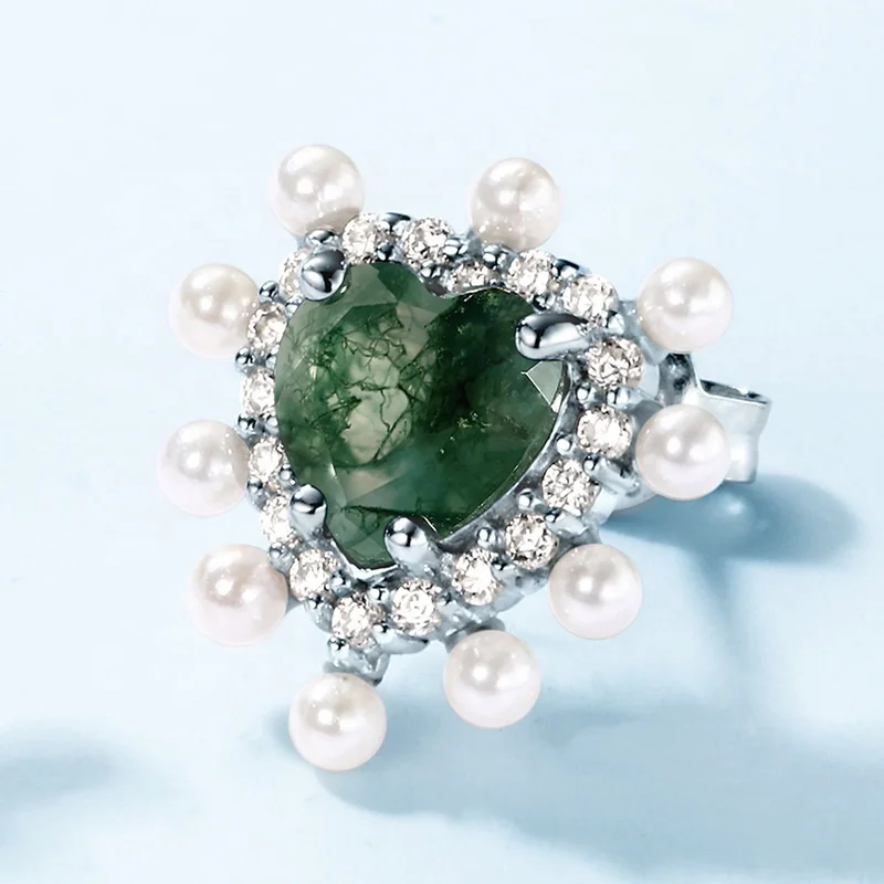 Jewelyking Dainty Real Silver Gemstone Bling Zircon Cute Heart Shape Moss Agate Stud Earrings JKES0080
