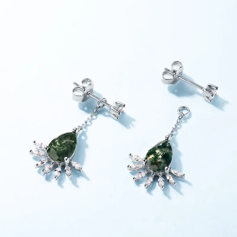 Jewelyking S925 Sterling Silver Bling Zircon Drape Tassel Pear Shape Green Moss Agate Stud Earrings JKES0071