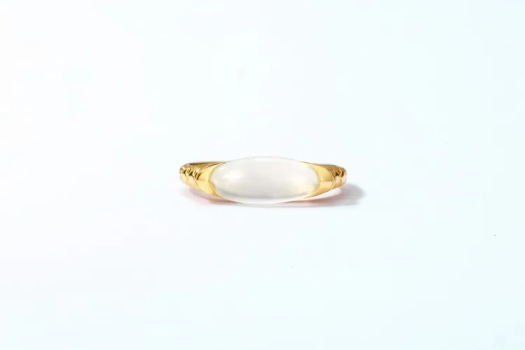 JewelyKing Long Oval Flat Smooth Natural White Jade Irregular Ancient Style Gold Plated Silver Ring JKRS0298