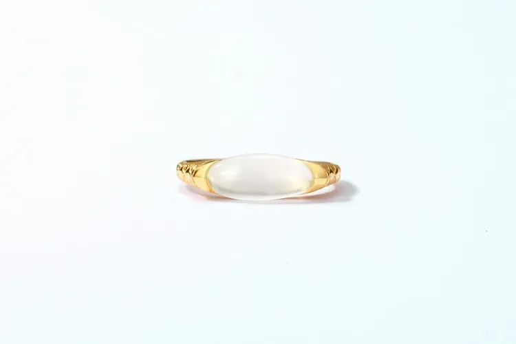 JewelyKing Long Oval Flat Smooth Natural White Jade Irregular Ancient Style Gold Plated Silver Ring JKRS0298