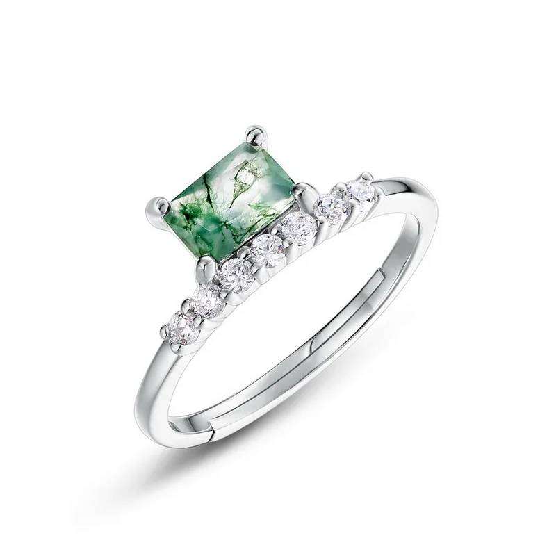 Jewelyking S925 Sterling Silver Square Moss Agate Cubic Zirconia Ring JKES0110