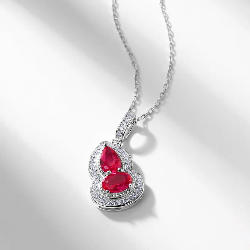 JewelyKing S925 Silver Artificial Lab Grow Ruby Gourd Lucky Red Diamond Cubic Zirconia Pendant Necklace JKNS0165 