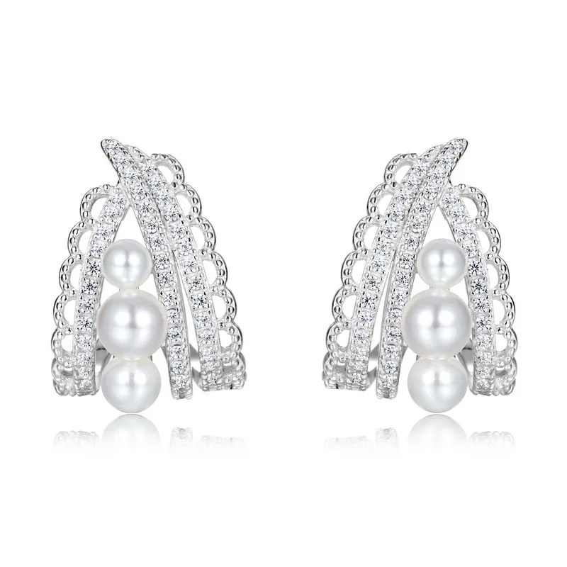 JewelyKing S925 Sterling Silver Shell Pearl Cluster Climber Earrings CZ Accent Vintage Lace Filigree Bridal Statement Earrings JKES0011