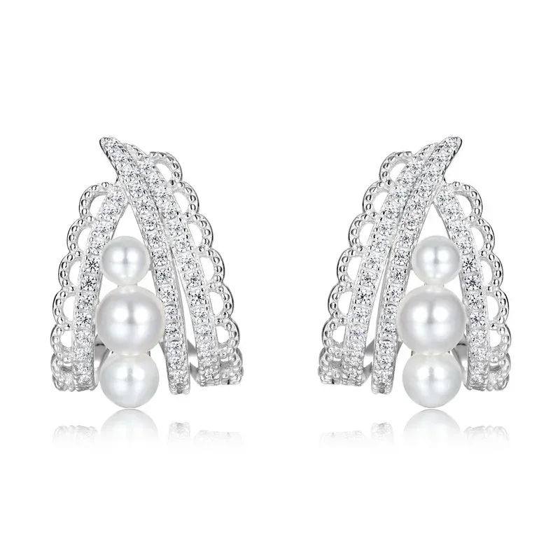 JewelyKing S925 Sterling Silver Shell Pearl Cluster Climber Earrings CZ Accent Vintage Lace Filigree Bridal Statement Earrings JKES0011