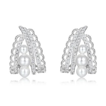 JewelyKing S925 Sterling Silver Shell Pearl Cluster Climber Earrings CZ Accent Vintage Lace Filigree Bridal Statement Earrings JKES0011