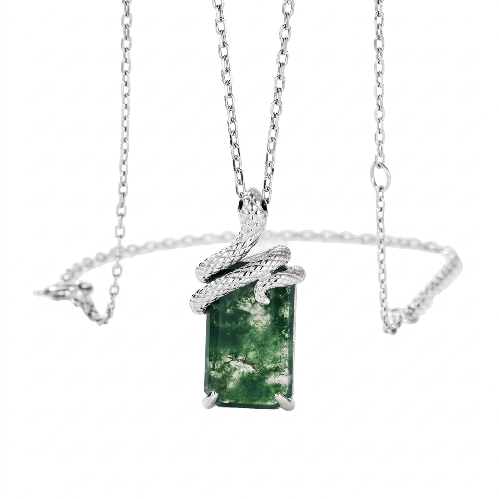 JewelyKing S925 Sterling Silver Light Luxury Snake Shape Green Moss Agate Pendant Necklace Inlaid Gemstone Jewelry