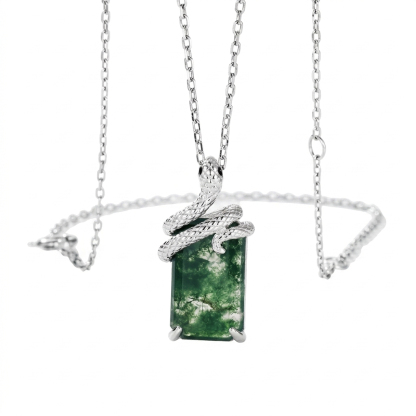 JewelyKing S925 Sterling Silver Light Luxury Snake Shape Green Moss Agate Pendant Necklace Inlaid Gemstone Jewelry