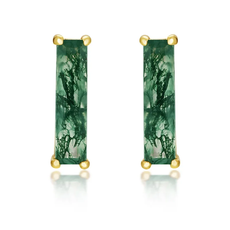 Jewelyking S925 Sterling Silver 18K Gold Green Moss Agate Bamboo Earrings JKES0092