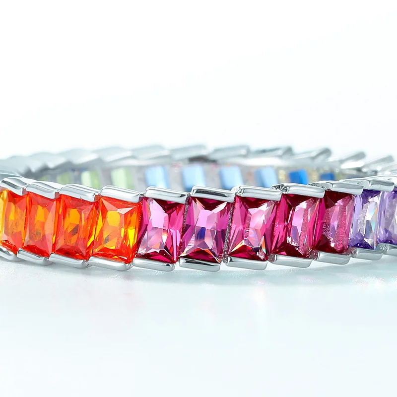 High Quality 925 Silver Gold CZ Ring Jewelry Rainbow Eternity Ring Baguette Colorful Statement Zirconia Engagement Ring Women
