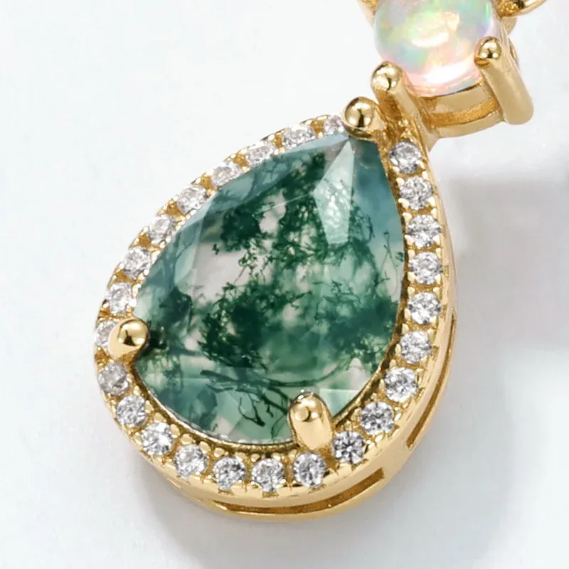 JewelyKing S925 Sterling Silver Pear Cut Moss Agate Opal Halo Drop Earrings JKES0012