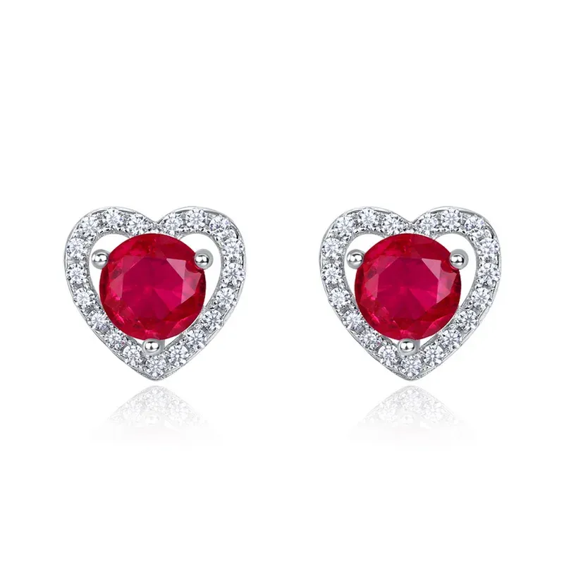 JewelyKing S925 Sterling Silver D Color VVS1 Moissanite Heart Halo Stud  Lab Grown Ruby Earrings JKES0015