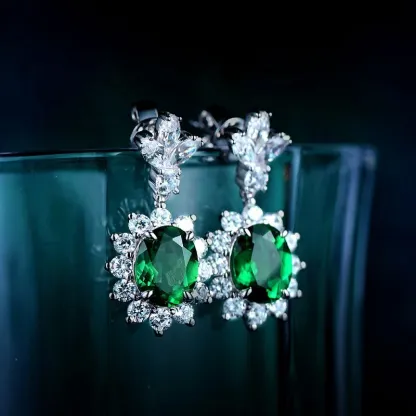 Fashionable Oval Shape Synthetic Diamond Emerald Dangle Earrings Cultivated Diamonds Women's Drop Earrings