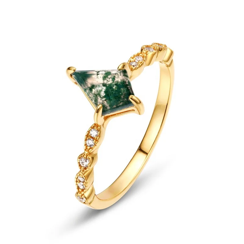 JewelyKing Kite Shape Moss Agate Sterling Silver Ring Simple Gemstone Opal Stackable Ring Green Moss Agate Vintage Ring JKRS0172