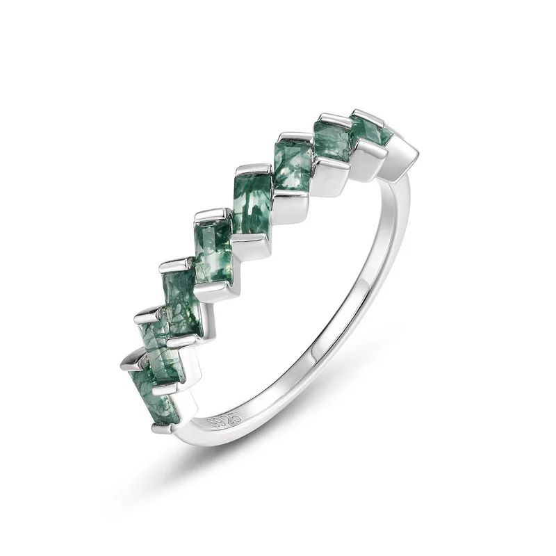JewelyKing S925 Sterling Silver Wedding Green Moss Agate Engagement Gemstone Ring JKRS0163
