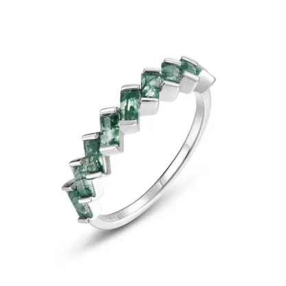 JewelyKing S925 Sterling Silver Wedding Green Moss Agate Engagement Gemstone Ring JKRS0163