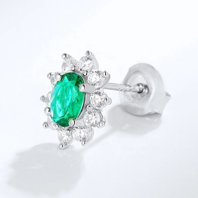 925 Sterling Silver Classic Elegant Cubic Zircon Stud Earring Bling Diamond Lab Grown Emerald Gemstone Stud Earrings for Women