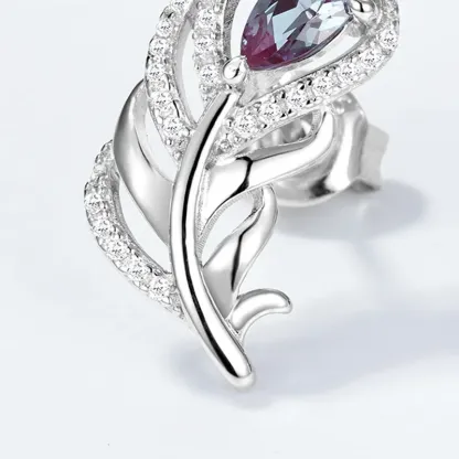 JewelyKing S925 Silver Unique French Feather Earrings Lab Grown Alexandrite  Party Wedding Earrings JNES0006