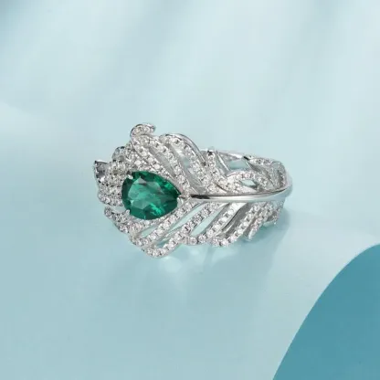 Panyu Custom Feather Style Lab Created Emerald Ring  Elegant 925 Sterling Silver Statement Jewelry