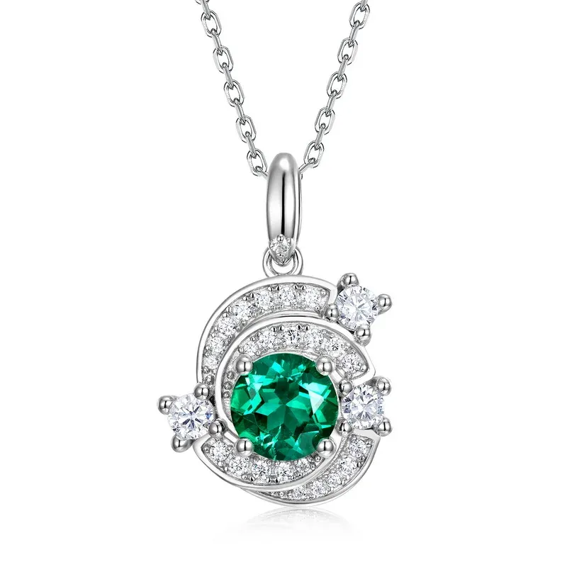 JewelyKing S925 Sterling Silver Round Cut  Lab Grown Emerald Clover Necklace JKNS0025