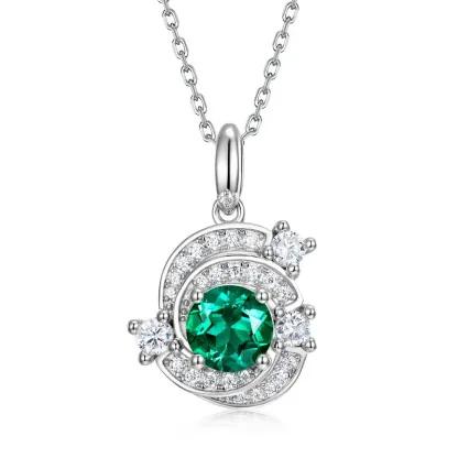 JewelyKing S925 Sterling Silver Round Cut  Lab Grown Emerald Clover Necklace JKNS0025