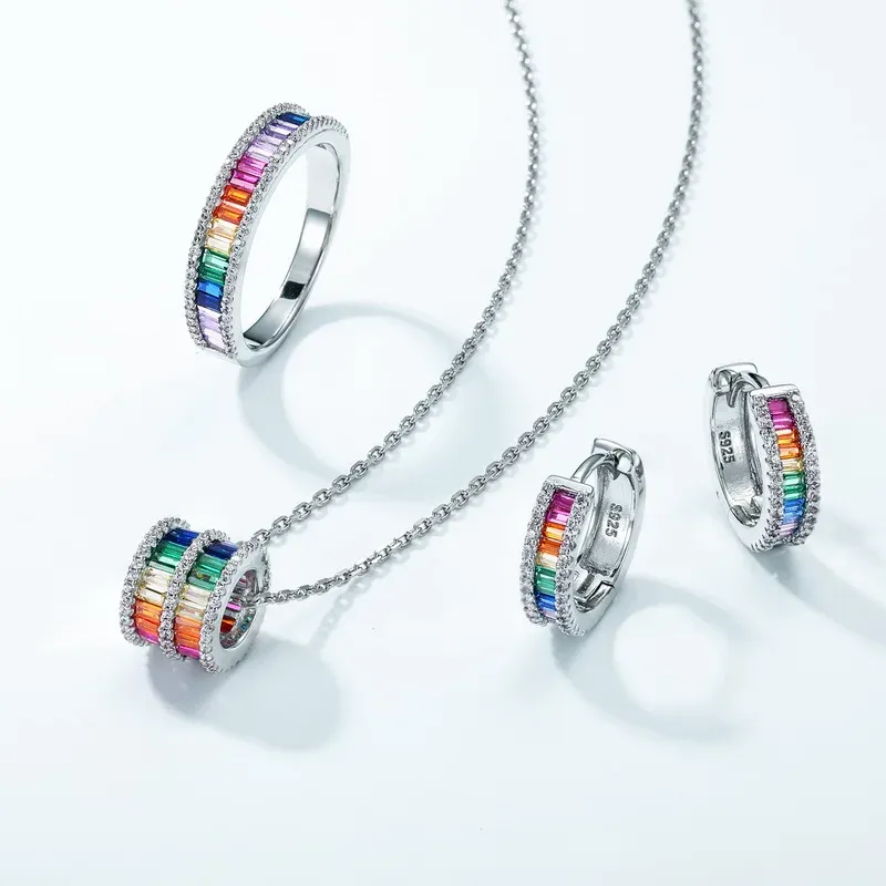 Gold Plated S925 18k Gold Rainbow Colorful CZ Charms Bracelet Necklace Custom Colorful Jewelry Gift for Women