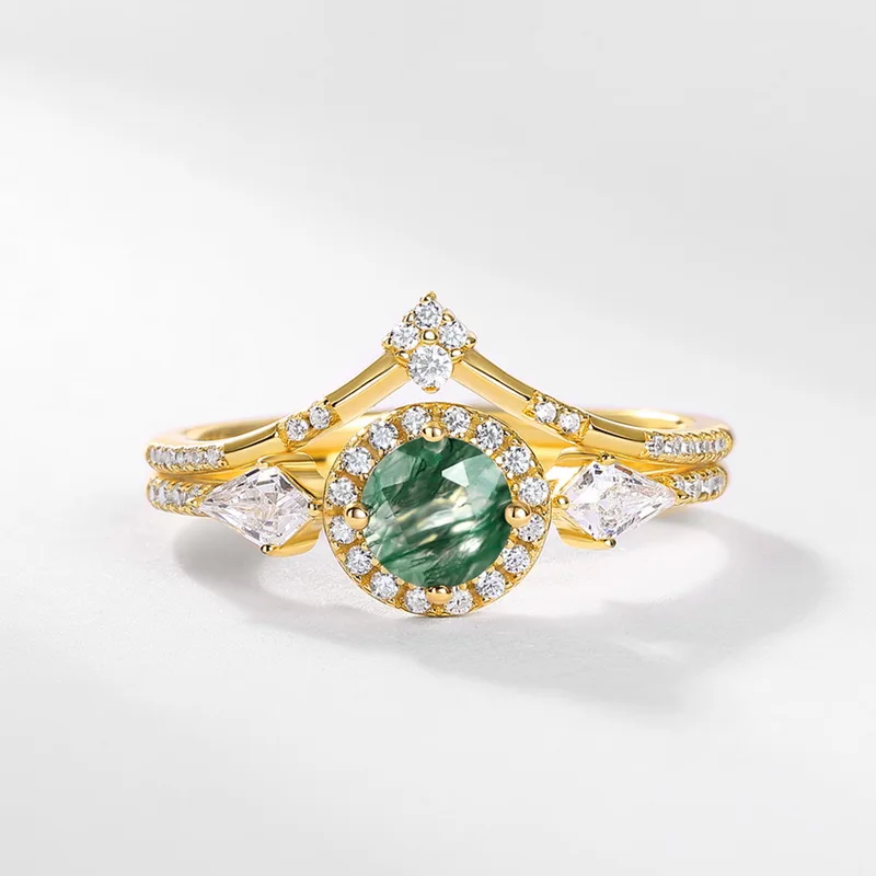 JewelyKing S925 Sterling Silver Round Cut Natural Gemstone 18k Gold Plated Green Moss Agate Engagement Rings  JKRS0194