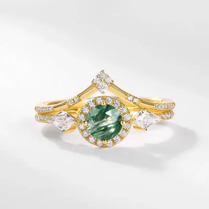 JewelyKing S925 Sterling Silver Round Cut Natural Gemstone 18k Gold Plated Green Moss Agate Engagement Rings  JKRS0194