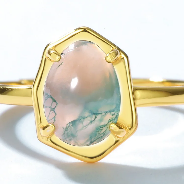 JewelyKing S925 Solid Sterling Silver Adjustable Natural Gemstone Gold Plated Green Moss Agate Ring JKRS0160