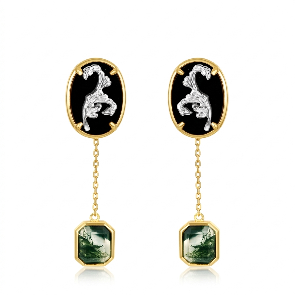 Jewelyking Oval Round Double Stone Natural Black Agate Green Moss Agate 18k Gold Plated Pendant Earrings JKES0088