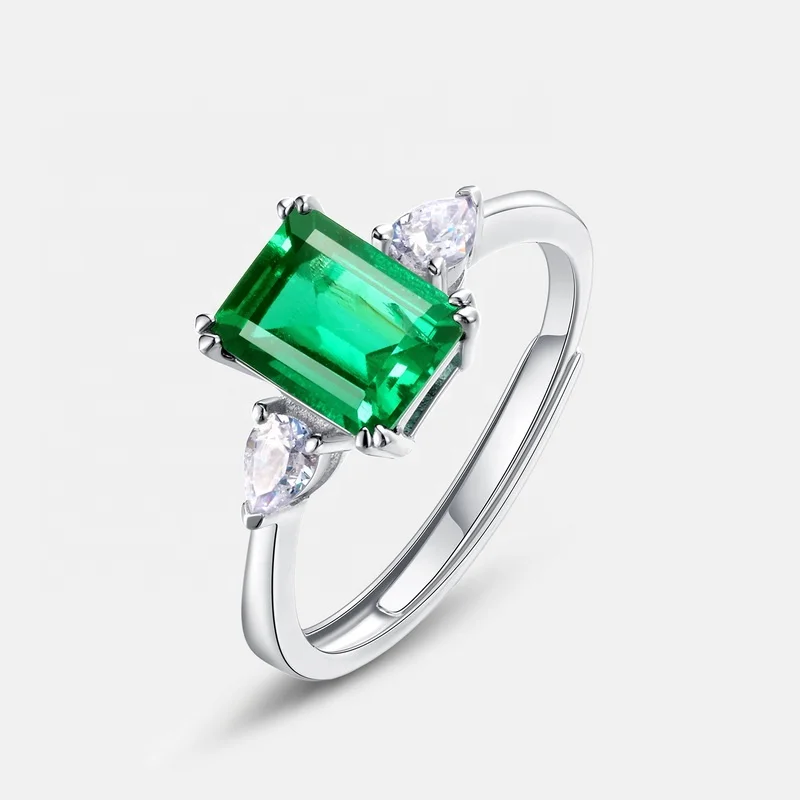 Fine Jewelry Silver 925 Created Gemstone Green Emerald Ring Rectangle Shape Lab Grown Emeralds Wedding Engagement Rings