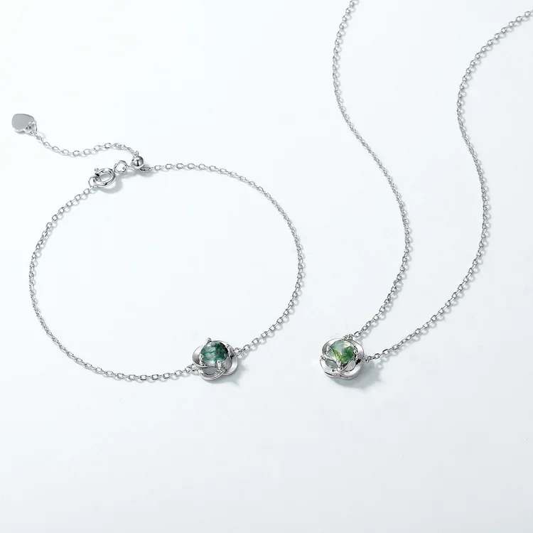 Jewelyking S925 Sterling Silver Rhodium Plated CZ Diamond Round Green Moss Agate Bracelet JKBS0038