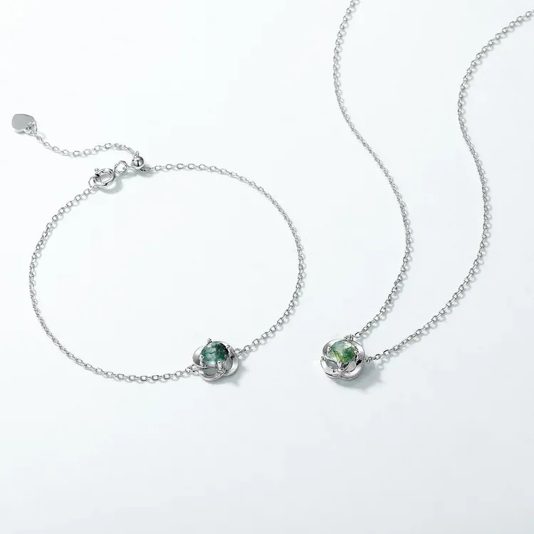 Jewelyking S925 Sterling Silver Rhodium Plated CZ Diamond Round Green Moss Agate Bracelet JKBS0038
