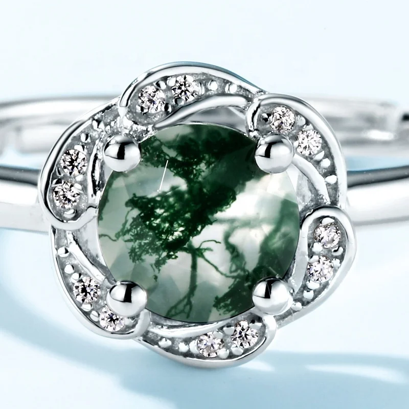 JewelyKing S925 Sterling Silver Natural Moss Agate Ring Cubic Zircon Engagement Ring JKRS0147