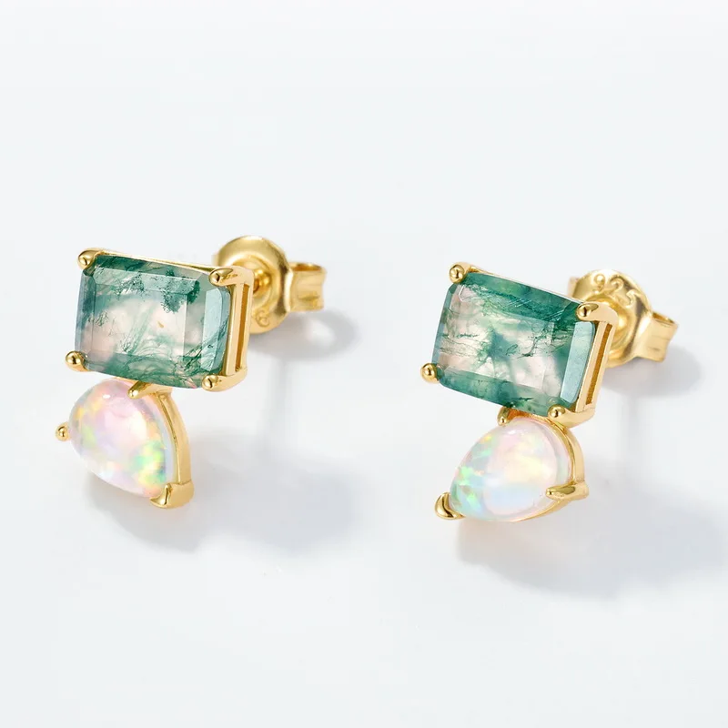 Jewelyking S925 Sterling Silver Luxury Square Green Moss Agate Opal Stud Earrings JKES0104
