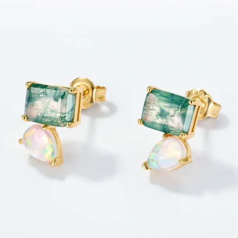 Jewelyking S925 Sterling Silver Luxury Square Green Moss Agate Opal Stud Earrings JKES0104