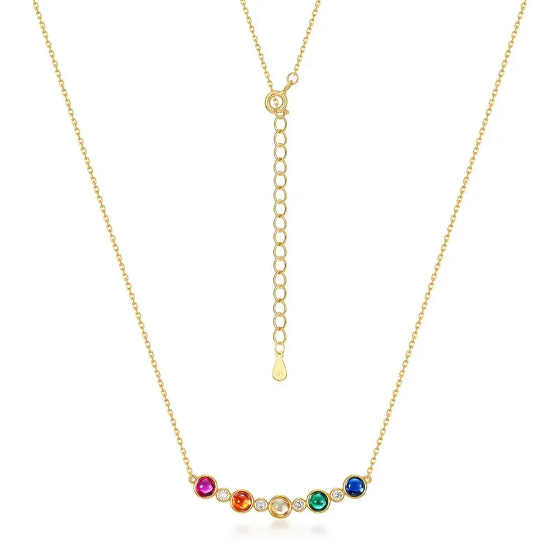 18k Gold Plated925 Sterling Silver Rainbow Colorful Round Pendant Necklace Link Chain for Women Wedding Statement Jewelry Charms