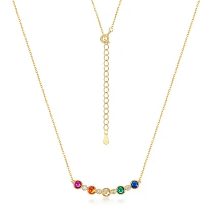 18k Gold Plated925 Sterling Silver Rainbow Colorful Round Pendant Necklace Link Chain for Women Wedding Statement Jewelry Charms